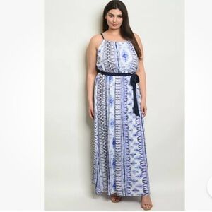 Blue White Abstract Summer Boho‎ Halter Tie Neck Maxi Dress Size Medium Artistic